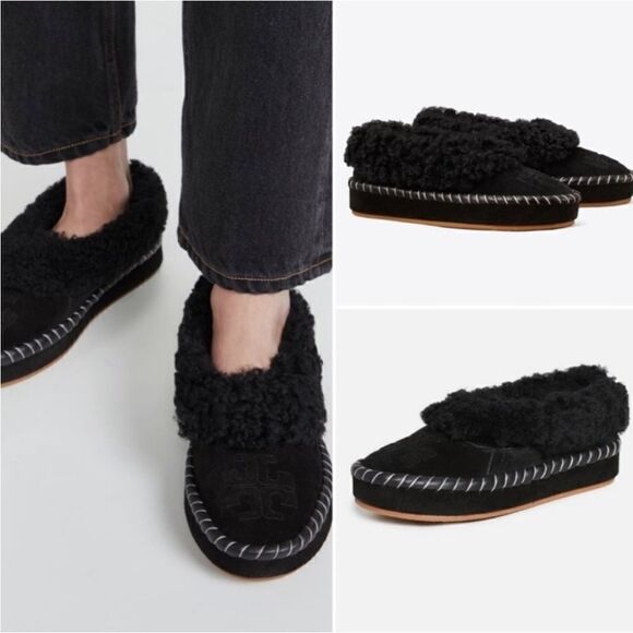 TORY BURCH SHEARLING SLIPPERS BLACK 6.5 - Picture 1 of 7